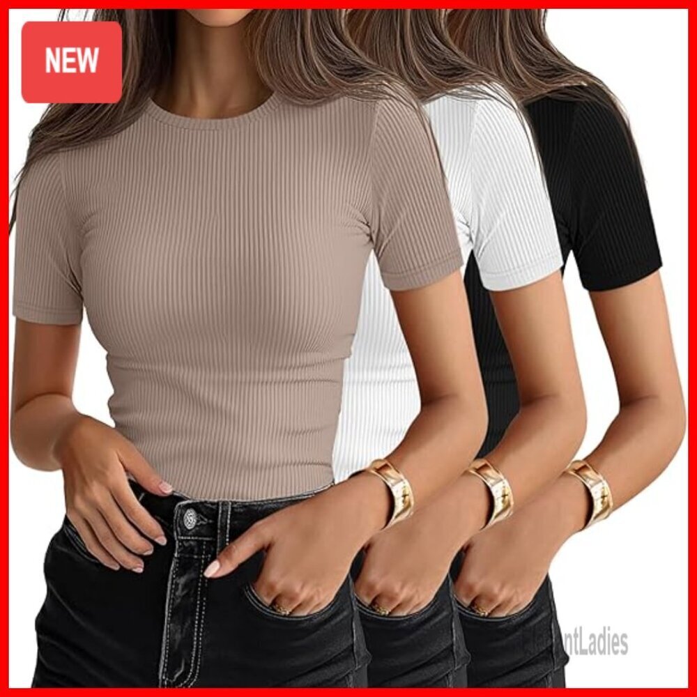 3 Pack Slim Fit Ribbed Cotton Tees Short Sleeve Crewneck Tops